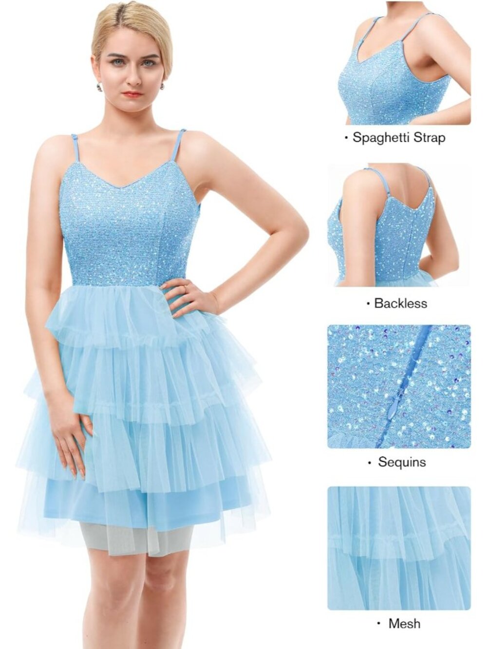 Women's Blue Spaghetti Strap Sequin Glitter Cocktail Bodycon Mini Dress - Picture 6 of 6